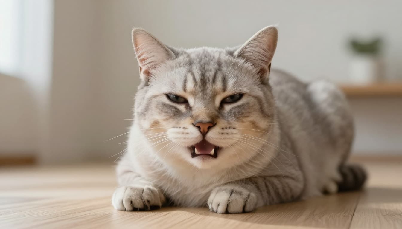 Close-up of a cat's face showing early dehydration signs with slightly sunken eyes and dry gums visible in open mouth. Relaxed cat on light wood surface in bright Scandinavian home with soft natural light and blurred minimalist background.