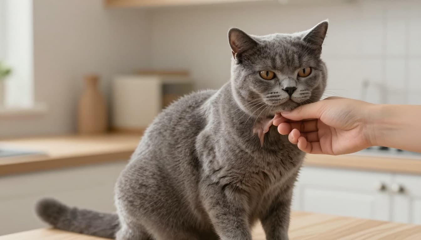 Close-up of a gentle hand pinching the loose skin on a gray short-haired cat's neck to check for dehydration, in a bright sunny Scandinavian kitchen with natural light and minimalist decor.