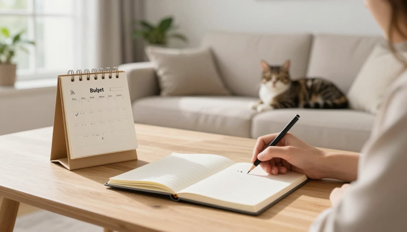 In a bright modern Scandinavian living room, a person calculates annual cat dewormer budget on a notepad showing simple math, with a marked calendar and relaxed tabby cat on the sofa.