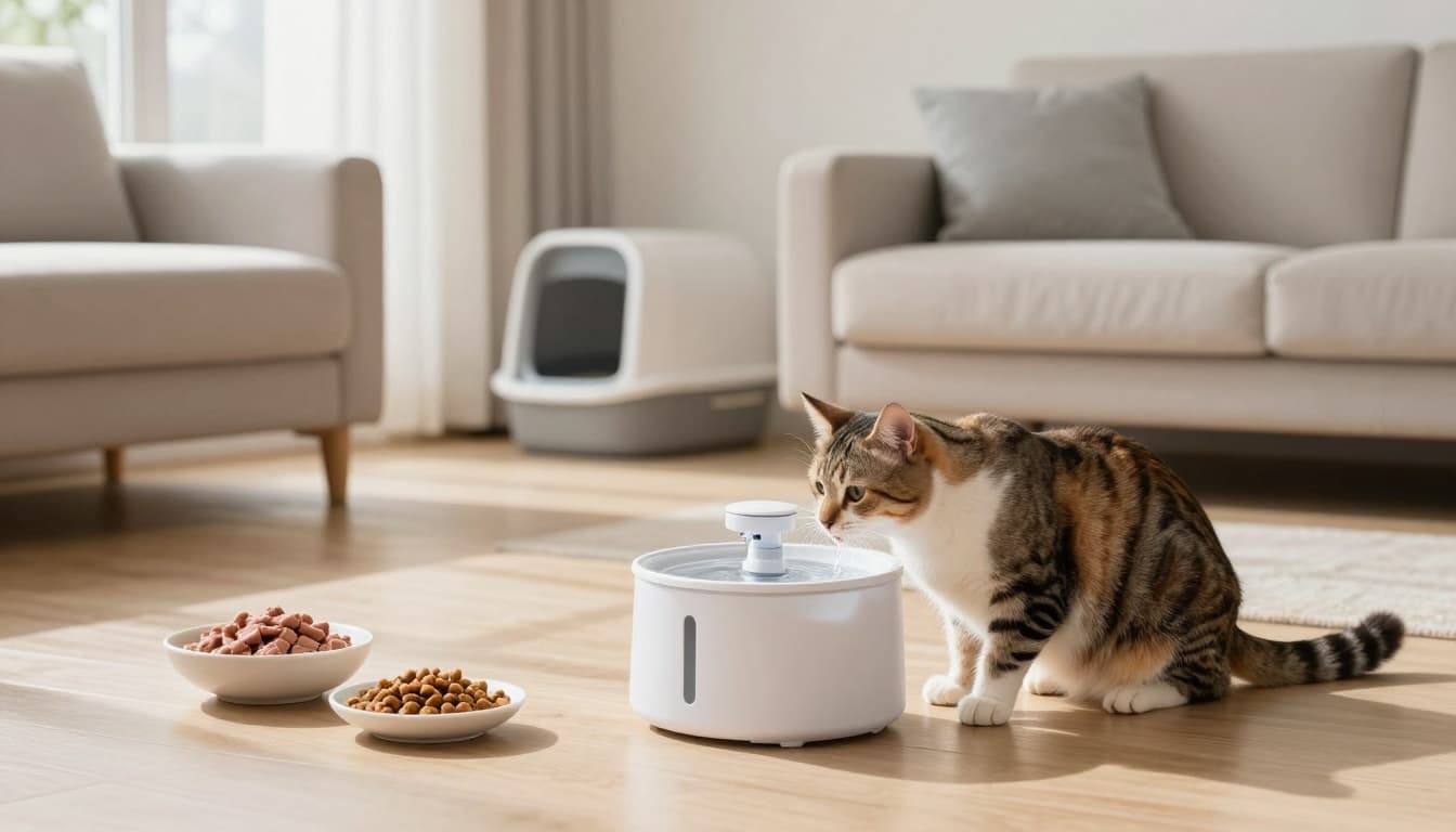 A healthy adult cat drinks fresh water from a modern cat water fountain on a light wood floor in a bright Scandinavian living room, with nearby bowls of wet pate and dry kibble, and a discreet litter box in the corner.