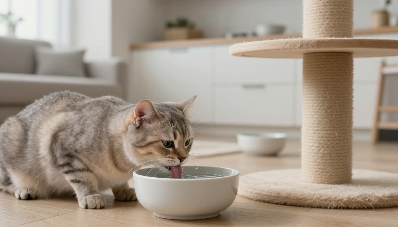 Close-up of a single cat drinking from a clean ceramic bowl on a light wooden floor next to a stylish cat tree, in a bright minimalist Scandinavian kitchen-living area with blurred background.