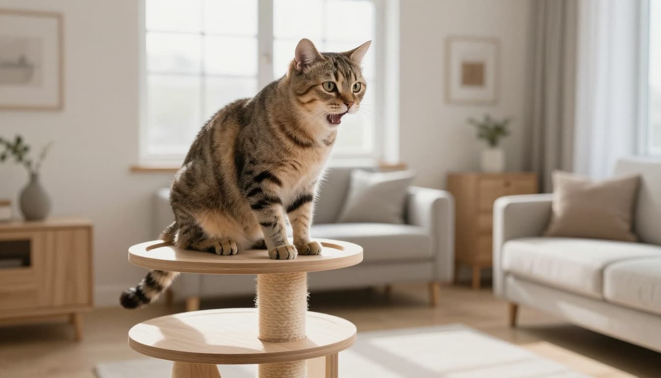 A domestic cat perched on an elegant solid wood cat tree in a bright Scandinavian living room, showing a dry cough posture with neck extended, mouth open, and alert eyes. Minimalist decor with beige tones, light wood furniture, and natural light creates a warm, cozy atmosphere in premium lifestyle photography style.
