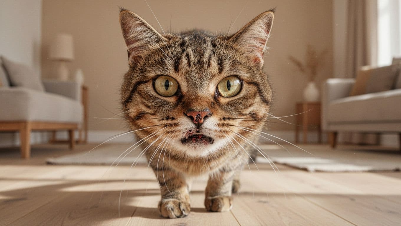 Close-up of a single cat's face featuring a dry hot nose, wide eyes, stiff whiskers, and slightly aggressive expression, with its body in stiff gait on a light wood floor in a minimalist Scandinavian interior.