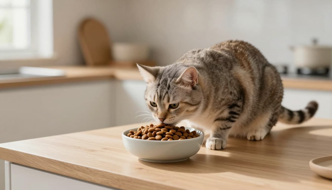 A domestic cat eats slowly from a ceramic bowl of high-quality kibble on a minimalist Scandinavian kitchen counter, bathed in bright natural light with warm cozy tones.