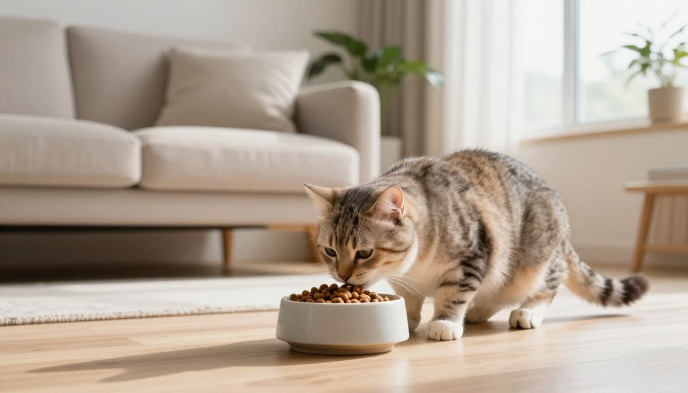 A domestic cat eats dry kibble croquettes from a modern ceramic bowl on a light wooden floor in a bright Scandinavian living room with minimalist decor and soft natural light.