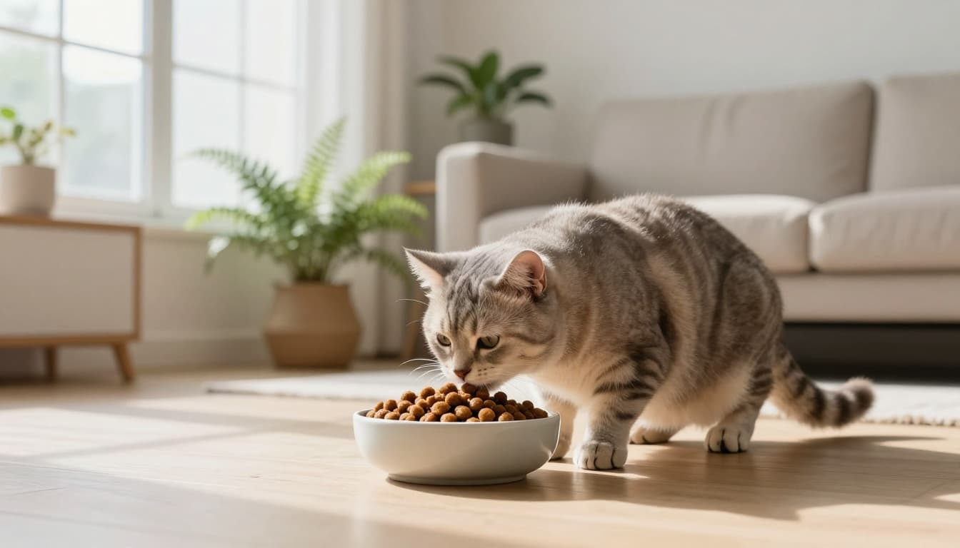 A domestic short-haired cat cautiously eats kibble from a wide ceramic bowl on a light wooden floor in a bright Scandinavian living room with soft morning light. The minimalist setting features neutral tones, a beige sofa, potted ferns, and a cozy atmosphere evoking portion-aware free-feeding.