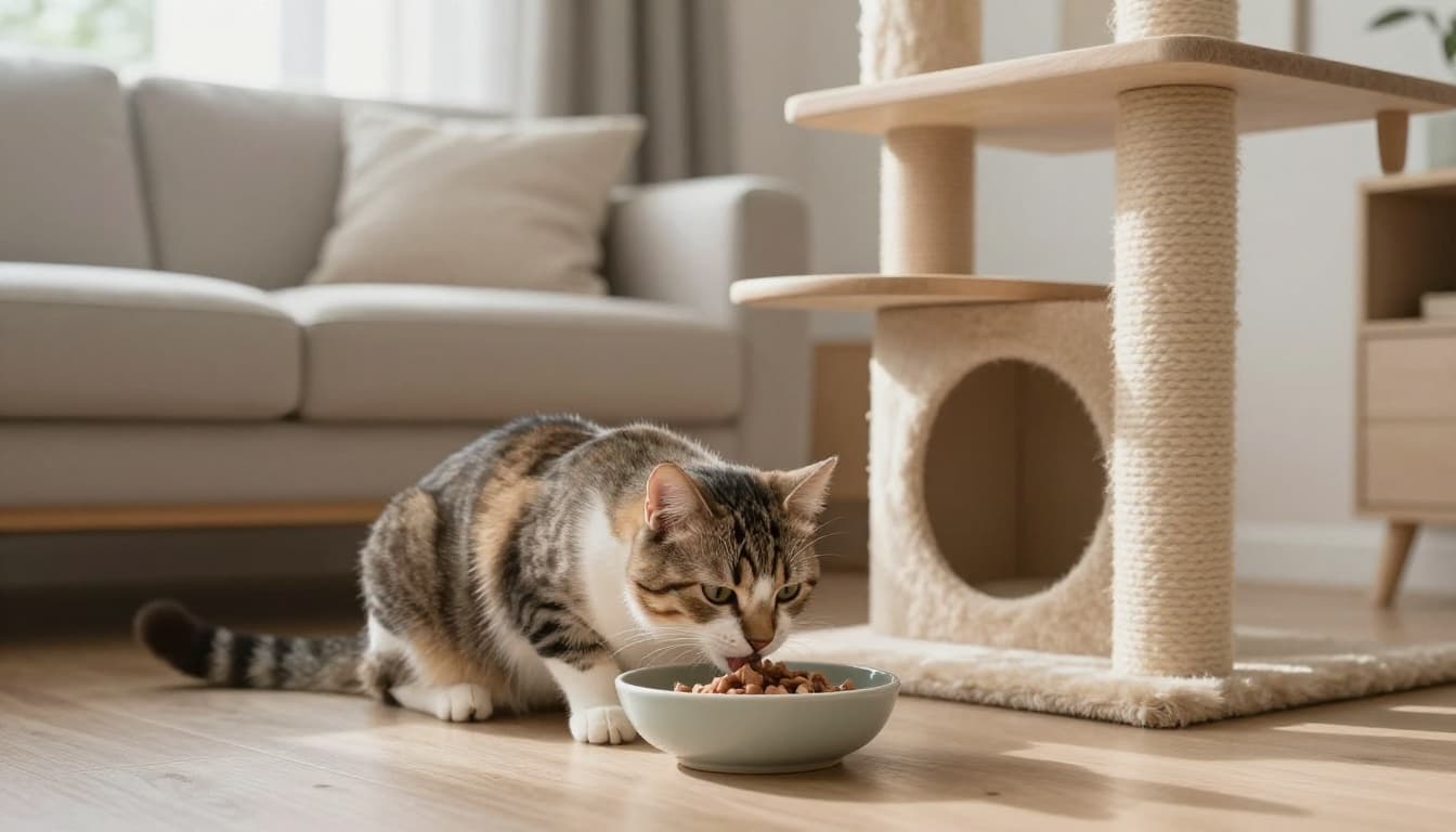 In a bright natural light-filled Scandinavian living room with minimalist decor and neutral colors, an adult cat calmly eats a generous meal from a ceramic bowl on the light wood floor near a stylish premium cat tree.