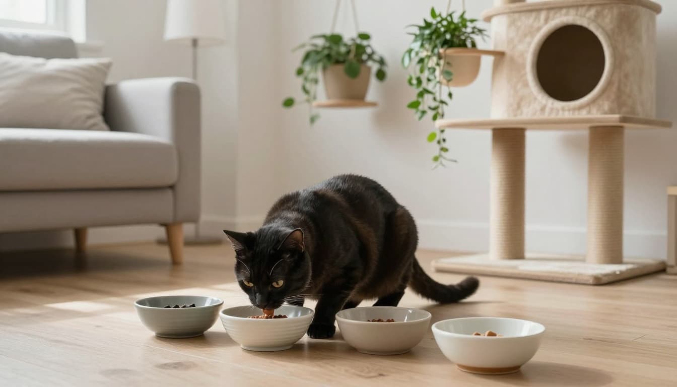 In a bright, natural light-filled minimalist Scandinavian living room with neutral tones and modern decor, a calm adult cat eats small measured portions from multiple ceramic bowls on the light wood floor near a stylish cat tree.