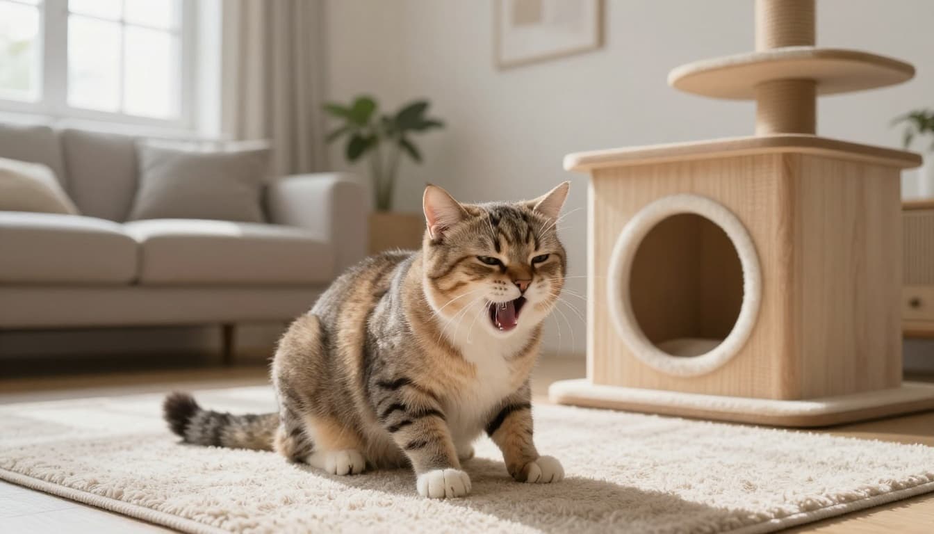 A domestic cat crouched low on a soft rug in front of a premium wooden cat tree, showing an emetic cough posture with neck extended and mouth open in a bright, minimalist Scandinavian living room.