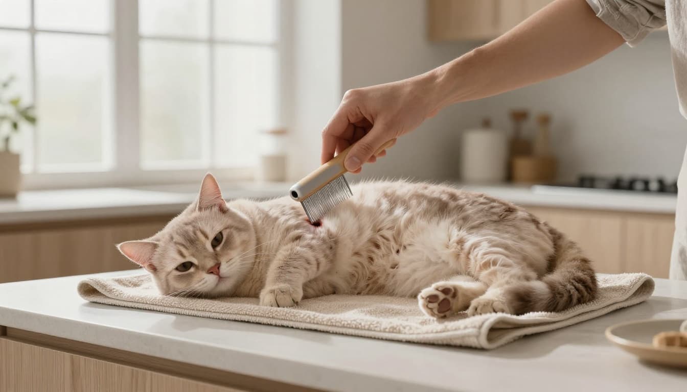 In a bright Scandinavian-style modern kitchen, a hand gently uses a fine-tooth flea comb on the belly fur of a relaxed light-colored domestic cat on a beige towel, parting fur to check skin in a calm, elegant scene.