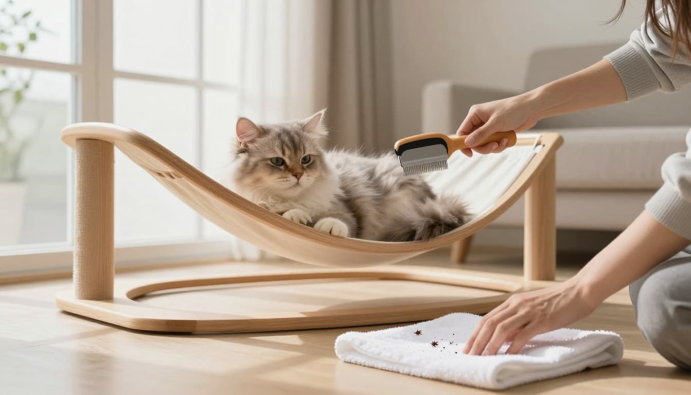 In a bright Scandinavian minimalist living room with neutral tones, a fluffy cat relaxes on a wooden cat tree hammock as the owner gently combs its fur with a flea comb over a towel, showing dead flea specks for effective treatment.