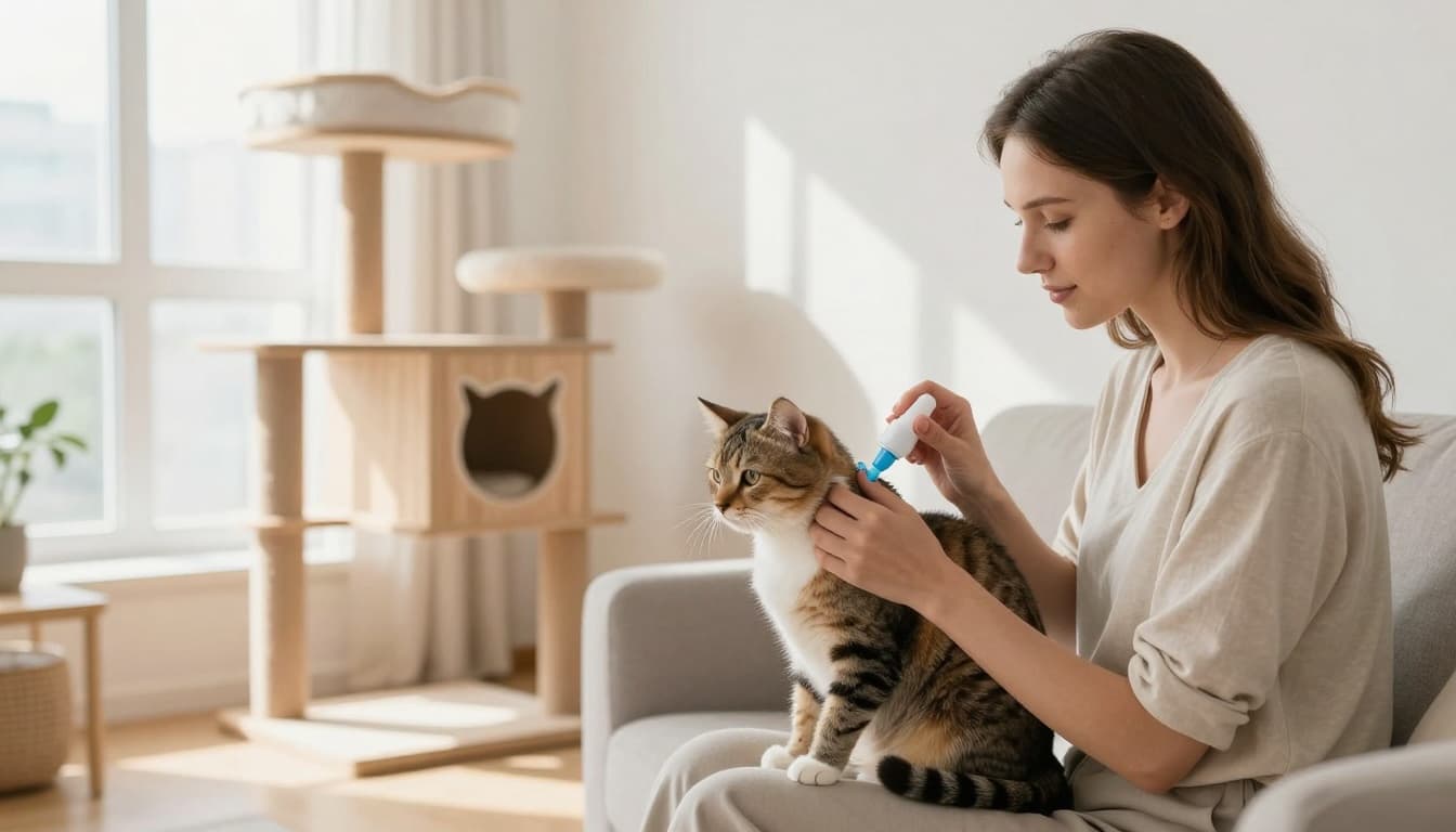 A caring cat owner applies flea spot-on treatment to a calm adult cat on their lap in a bright, minimalist Scandinavian living room. Premium solid wood cat tree in the sunlit background evokes protective pet care.