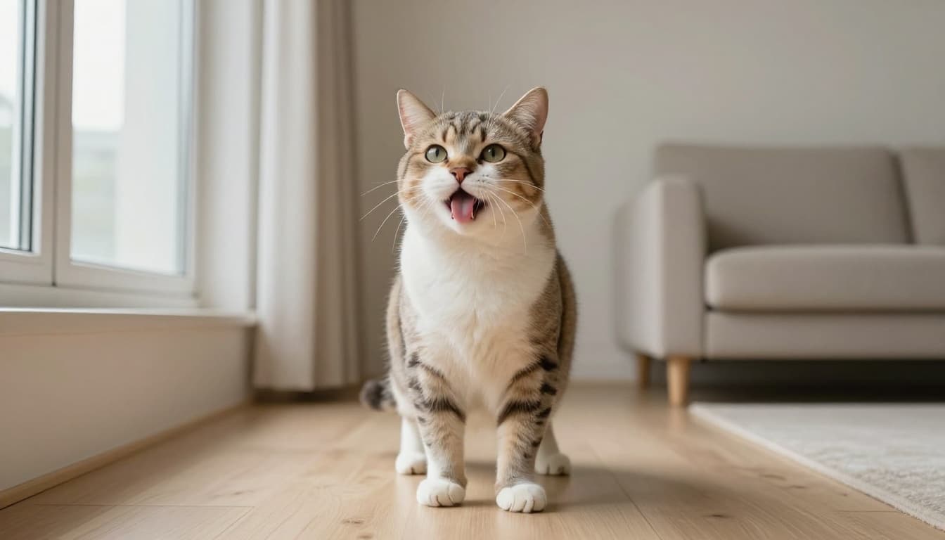 A domestic cat performs the flehmen reaction in a minimalist Scandinavian living room, mouth open with curled lip and visible tongue, tasting air from a scent near an open window amid natural light and neutral tones.