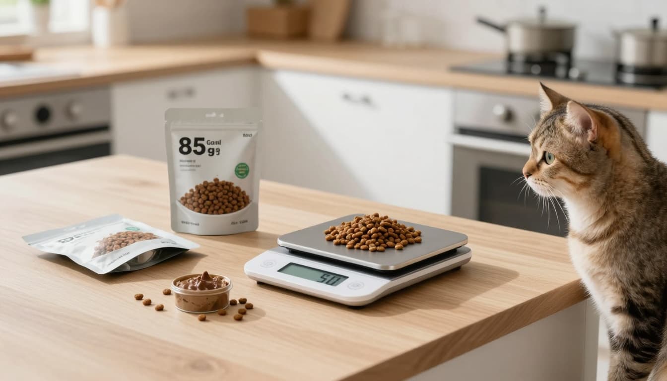 A precise digital kitchen scale on a light wooden counter displays 50 grams of dry cat kibble next to opened 85g wet food pouches and pâté, in a modern bright Scandinavian kitchen with a curious adult cat watching.