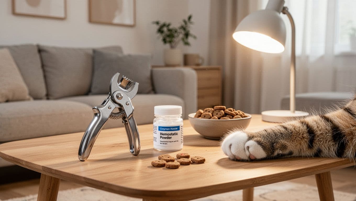 Close-up of a wooden table in a bright Scandinavian living room with guillotine-style cat claw trimmer, hemostatic powder jar, cat treats bowl, lamp, and one cat paw model. Premium realistic photo with natural light, neutral tones, and cozy elegant atmosphere.