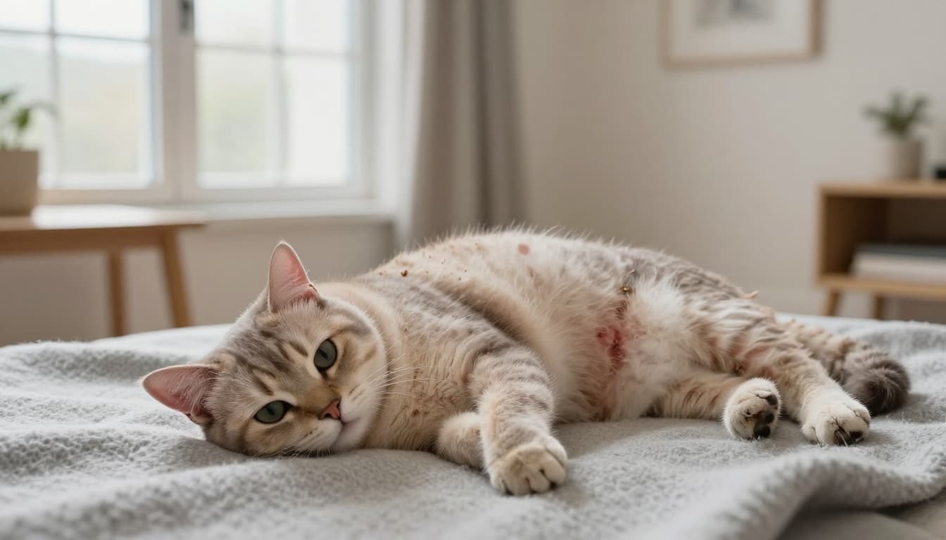 A light-furred domestic cat lies relaxed on a grey woolen blanket in a bright minimalist Scandinavian living room, showing patches of hair loss on belly and flanks, small scaly plaques, dandruff flakes, and slightly red skin.