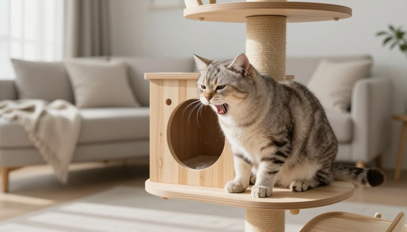 A domestic cat crouches slightly on a stylish wooden cat tree in a modern Scandinavian living room, neck extended and mouth open in a hairball expulsion posture. The calm, elegant scene features natural light, neutral beige and light wood tones, with a premium realistic lifestyle photography focus on the cat tree.