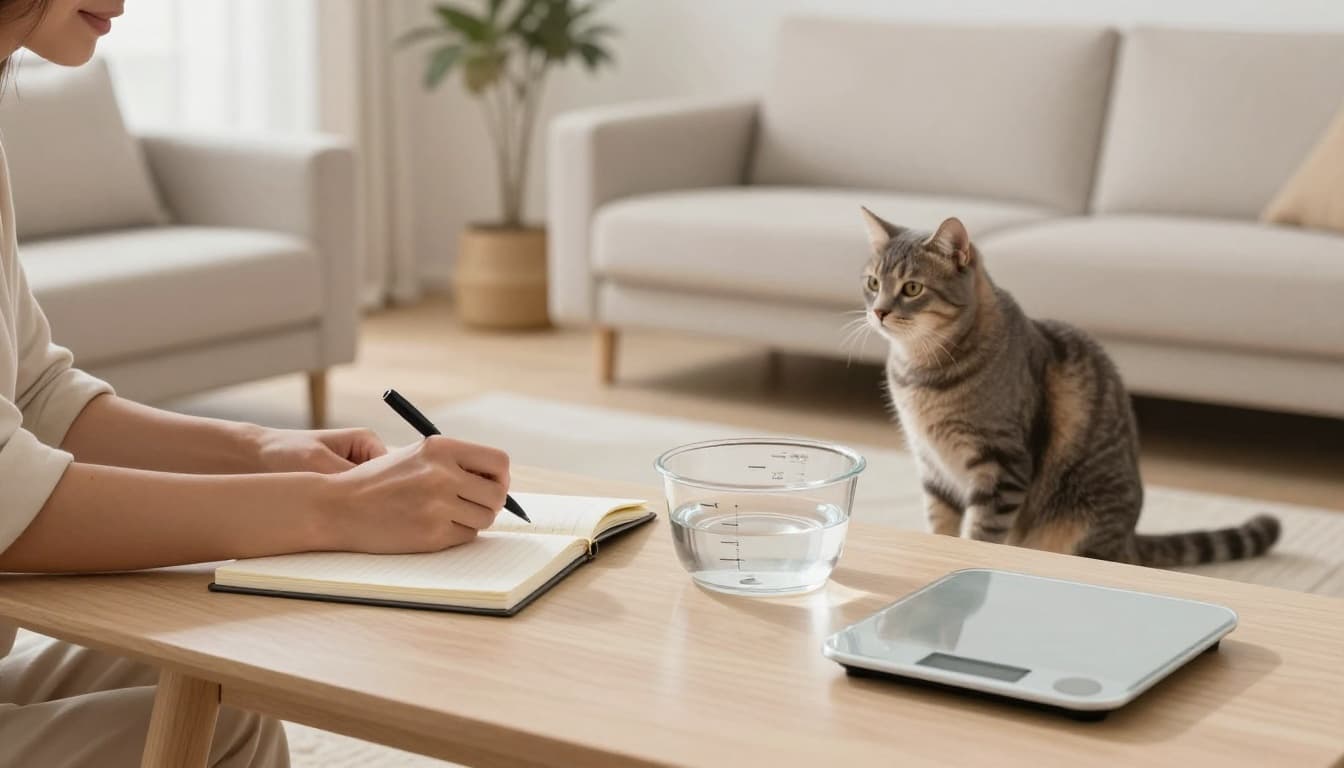 A person carefully notes cat health observations in a notebook at a light wooden table in a bright Scandinavian minimalist living room, surrounded by a measured water bowl, litter tray sample, and digital scale, with a curious gray tabby cat watching nearby.
