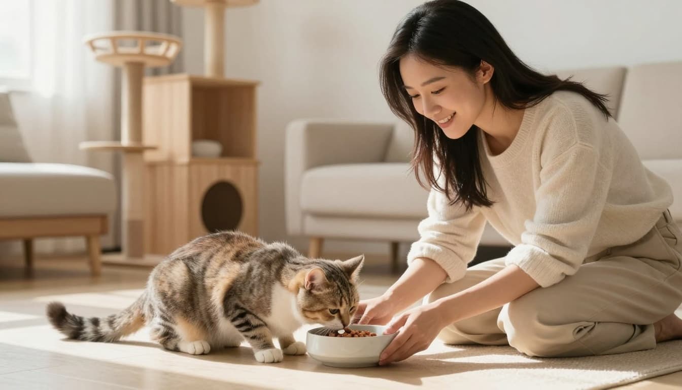 Bright Scandinavian minimalist living room with a relaxed adult cat eating from a stylish ceramic bowl containing food with a hidden deworming tablet, owner kneeling nearby smiling gently. Premium solid wood cat tree in the background, calm trusting mood, high-end realistic lifestyle photo.