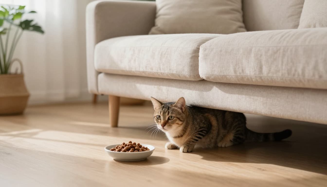 An adult cat hides partially under a cozy minimalist sofa in a bright Scandinavian living room with natural sunlight and a bowl of wet cat food nearby, evoking a calm adjustment period.