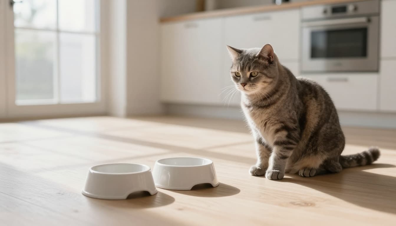 A domestic cat sits uninterested or weak beside empty food and water bowls on a light wooden floor in a bright, minimalist Scandinavian-style kitchen with natural sunlight and soft shadows.