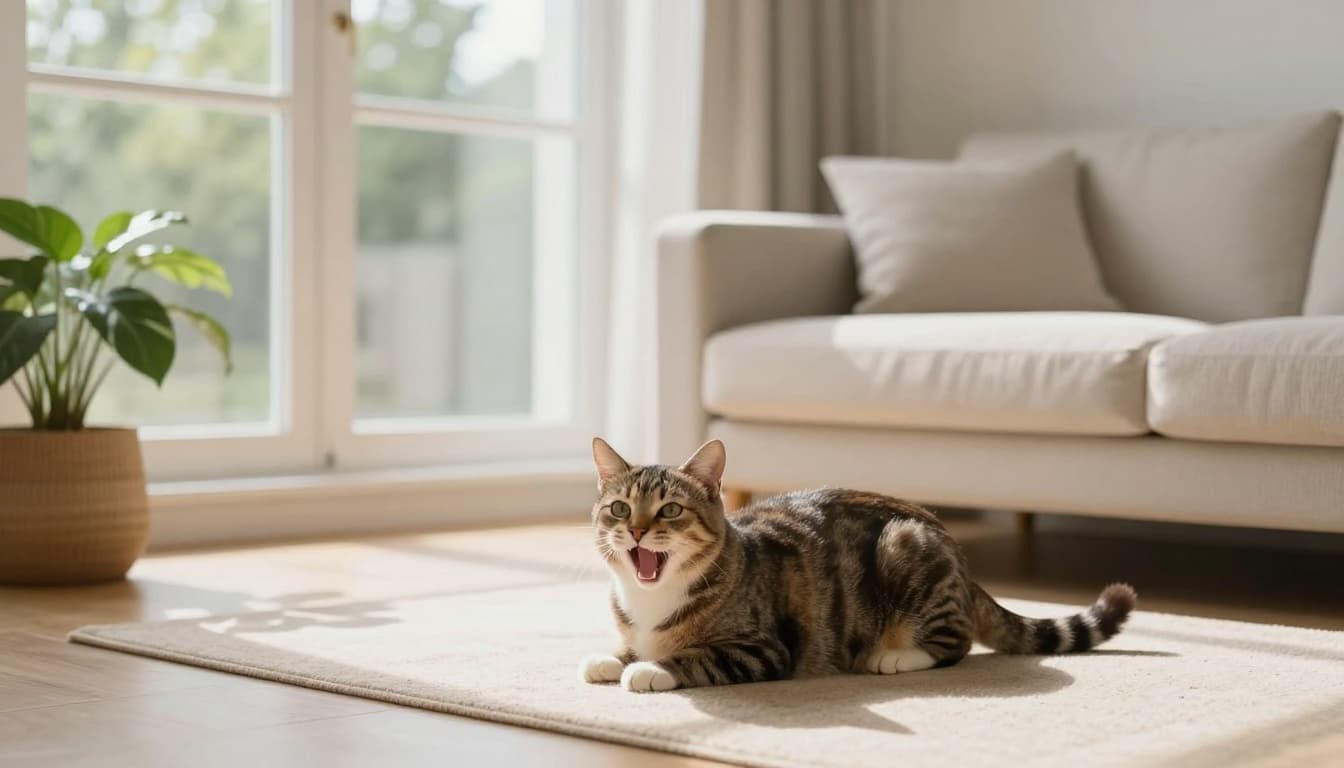 A domestic female cat in heat meows loudly with mouth open, rolling agitatedly on a light wood floor with raised rear in a bright Scandinavian living room featuring natural light, beige sofa, plants, and cat tree.