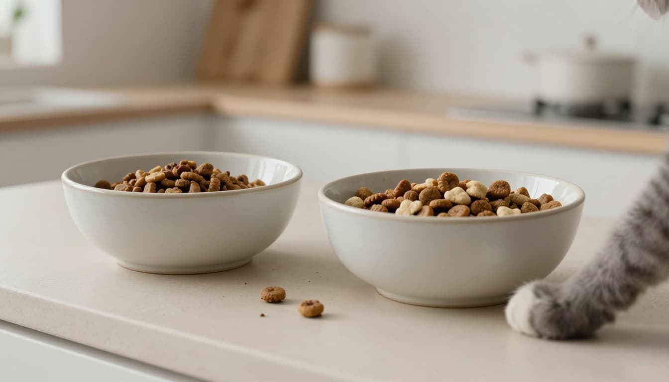 Two ceramic bowls on a beige countertop in a bright Scandinavian kitchen, one with old kibble and the other mixing old and new kibble types. A blurred cat paw reaches towards the mixed bowl in natural light with minimalist decor.