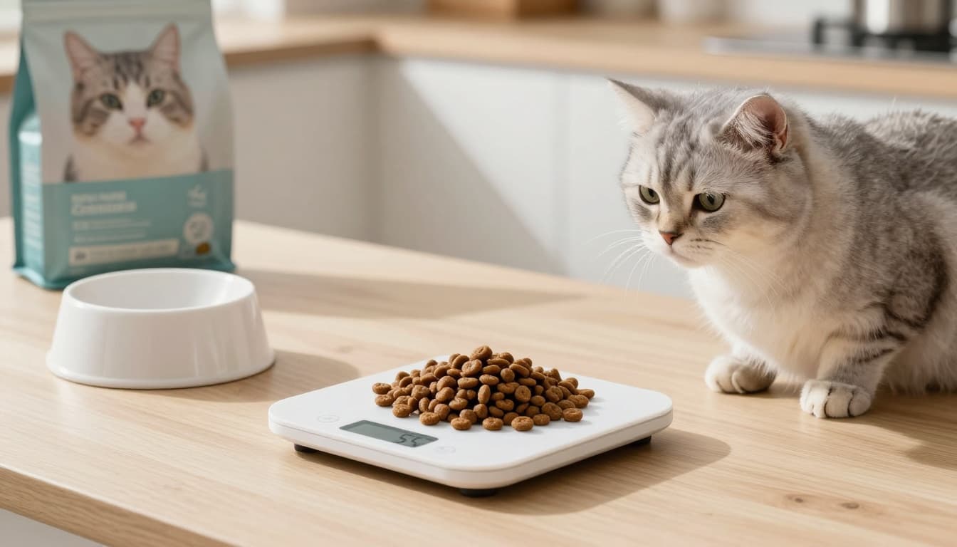 In a bright Scandinavian kitchen with natural light, a hand places brown dry cat kibble on a sleek digital scale displaying 55 grams, beside an empty white ceramic cat bowl and blurred cat food package. A fluffy sterilized adult cat sits curiously on the light wooden table, watching the food preparation.