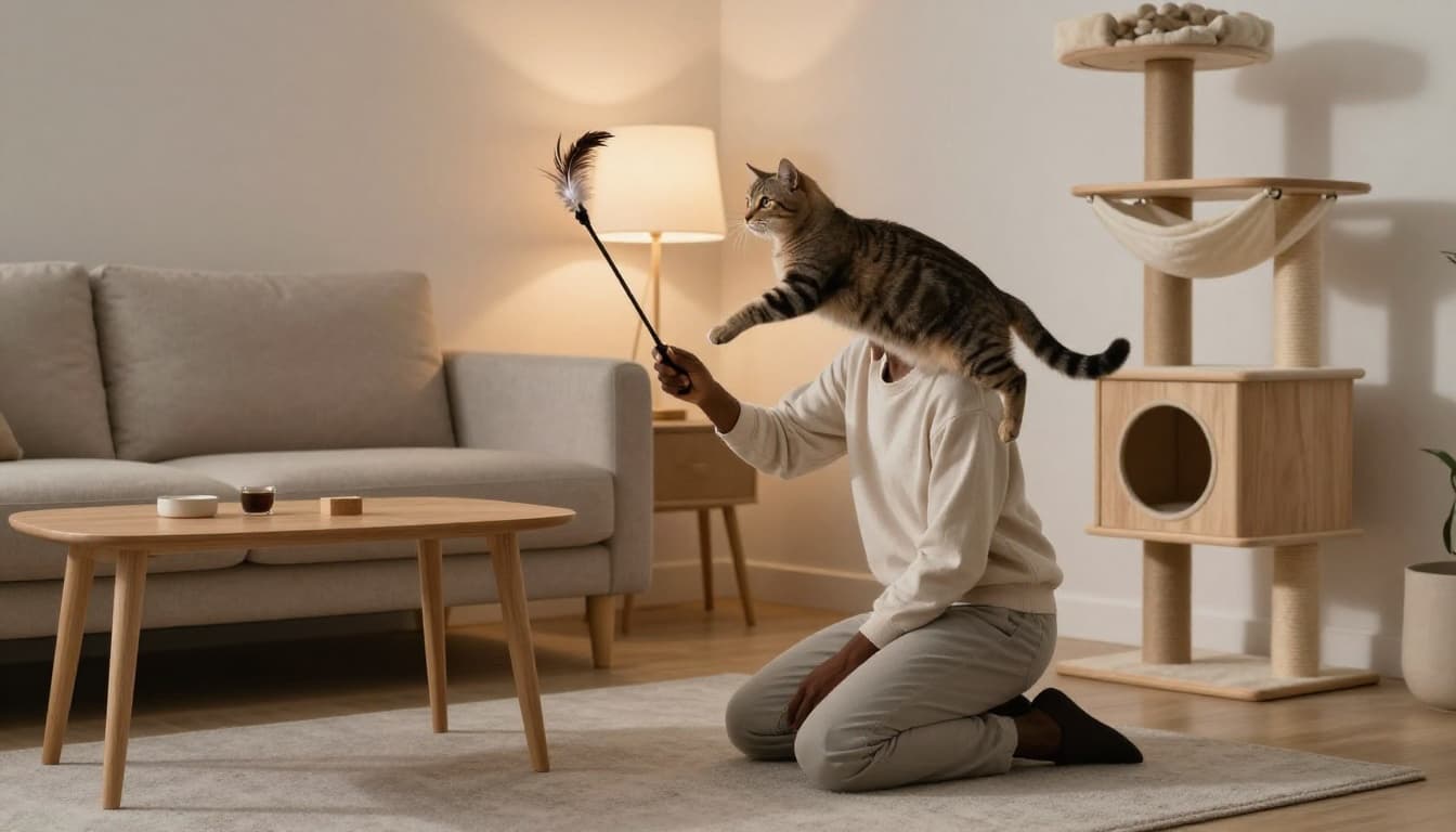 In a cozy modern Scandinavian living room with warm evening light, a casually dressed person kneels on a grey rug, interactively playing with a sleek shorthair cat using a feather wand toy as the cat leaps mid-air with paws extended.