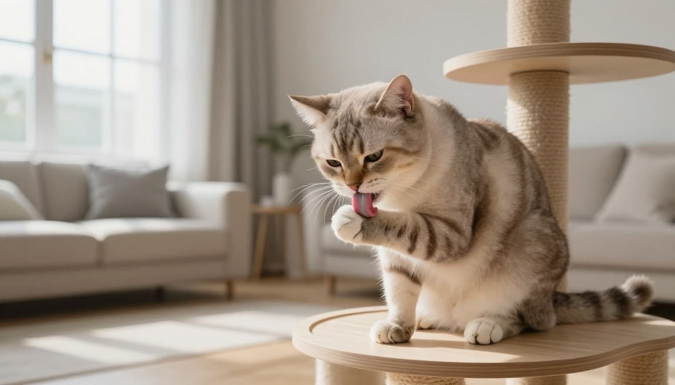 A beautiful domestic cat grooms itself by licking its front paw on a stylish wood cat tree in a bright Scandinavian living room with natural light and minimalist decor.