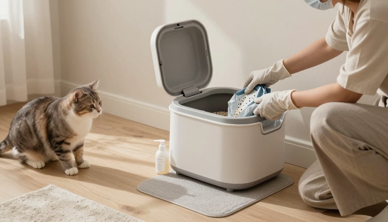 In a bright, minimalist Scandinavian bathroom with natural light, a person wearing protective gloves and mask empties used cat litter from a stylish open litter box into a trash bag, while a serene cat watches curiously from a nearby rug.