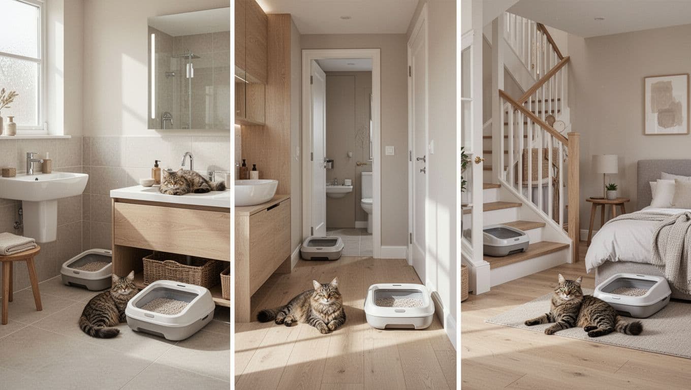 Premium lifestyle photography in Scandinavian style showing litter box placements in studio, apartment, and house interiors with two relaxed cats and modern open boxes.