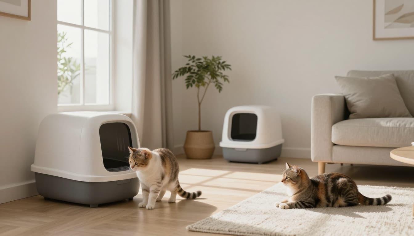In a bright modern Scandinavian living room with natural light and minimalist neutral decor, two clean elegant litter boxes sit in quiet corners, one with a serene cat using it gracefully and another cat relaxing on a cozy rug nearby.
