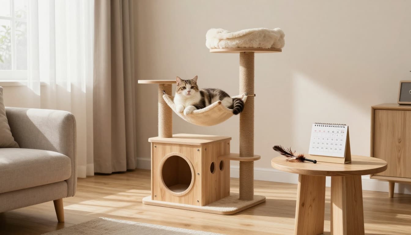 In a minimalist Scandinavian living room with light wood floors and beige walls, a beautiful cat lounges relaxed on a premium wooden cat tree with hammocks and tunnels. Nearby, a side table holds a calendar marked for vet appointments and replaced toys, illuminated by bright natural light.
