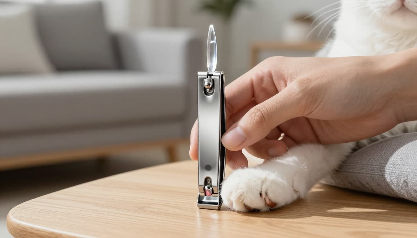 Close-up of a stainless steel cat nail clipper on a cat's extended white claw, showing safe cutting point away from the pink quick, in a cozy Scandinavian living room.