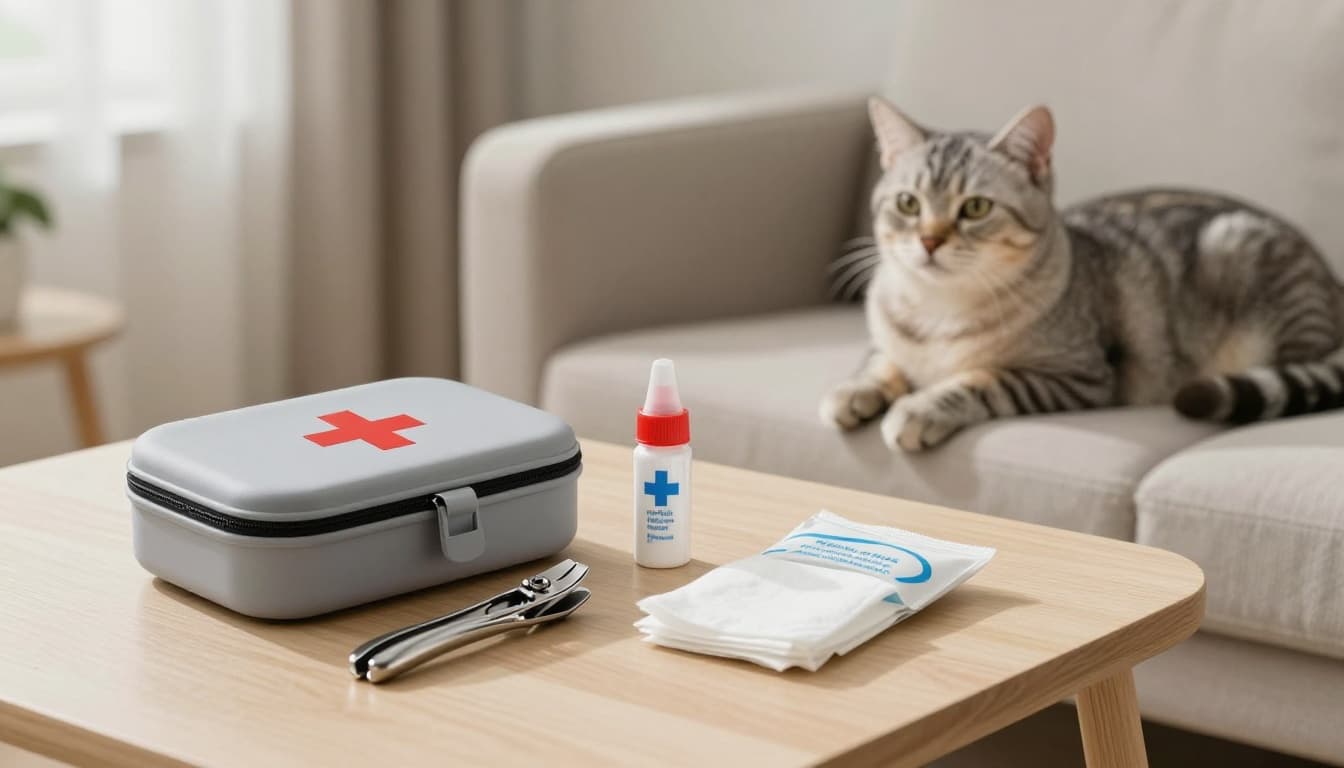 A first-aid kit for cat nail trimming arranged on a minimalist light wood table in a cozy Scandinavian living room, featuring stainless steel clippers, styptic powder, cotton pads, and cornstarch, with a calm cat watching nearby.