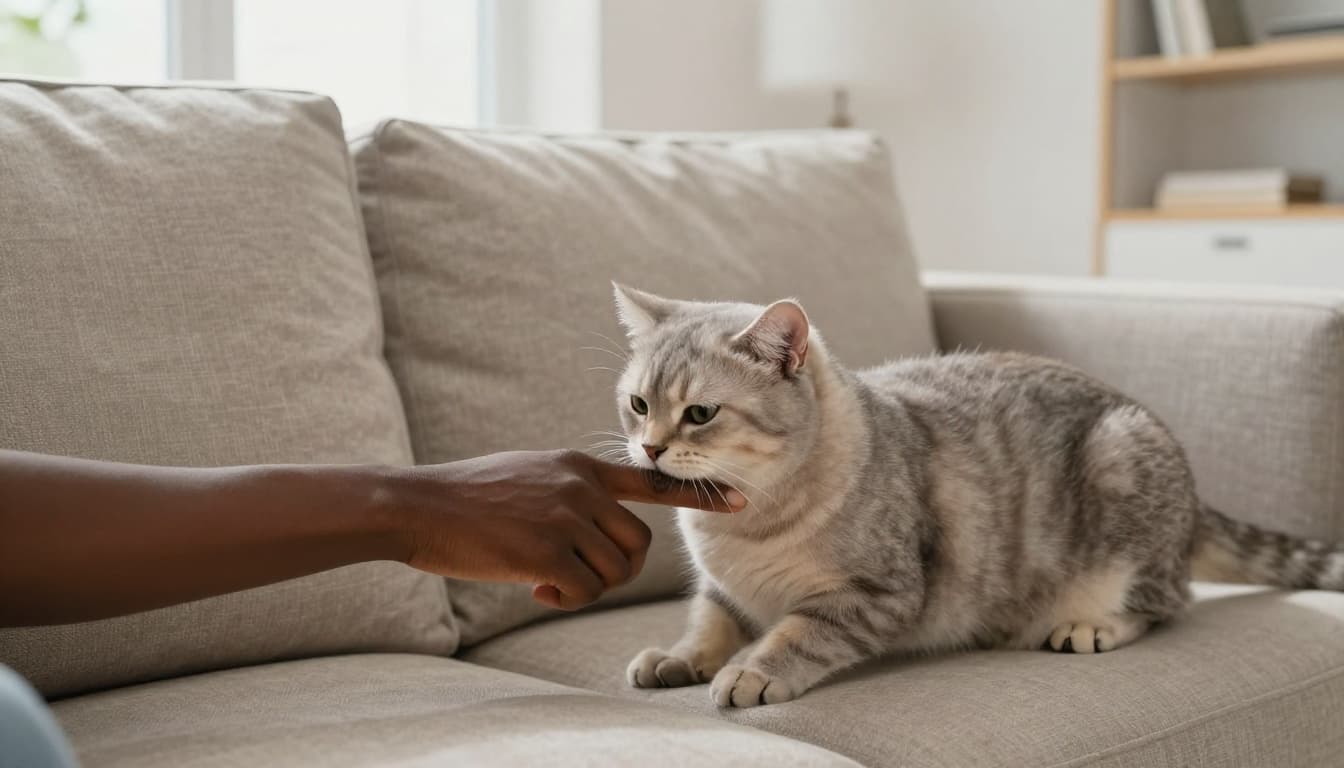 A light gray domestic cat lightly nibbles on a relaxed adult's fingers during a petting moment on a plush beige linen sofa in a bright modern Scandinavian living room.
