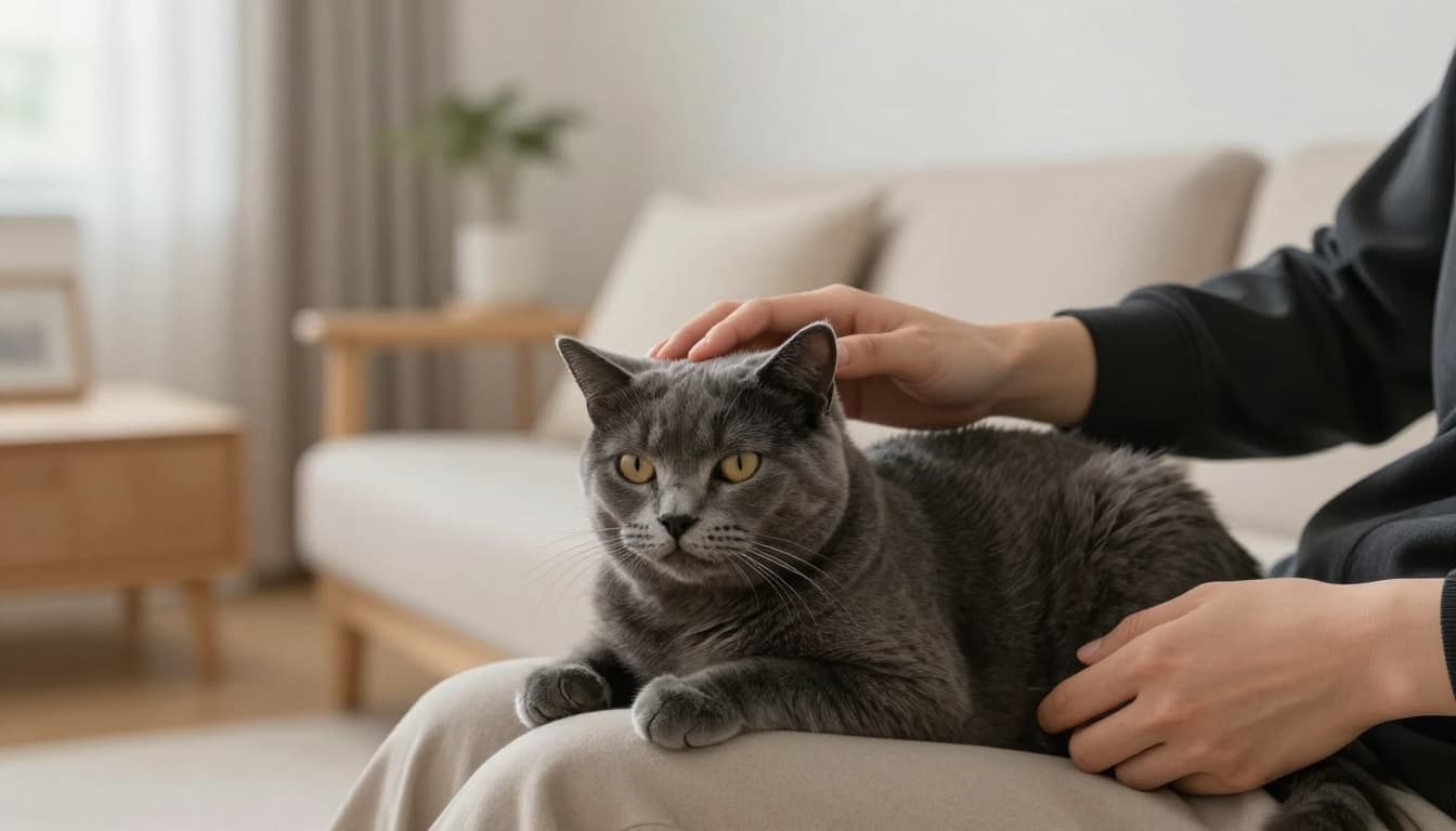 A domestic shorthair cat relaxes on a lap receiving gentle strokes but shows subtle overstimulation signs like tail twitching, flattening ears, and rippling skin in a cozy Scandinavian living room.