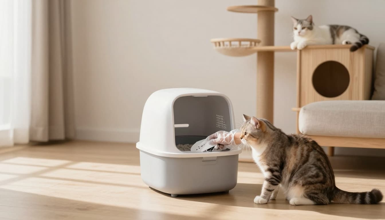 A focused cat owner in disposable gloves scoops a modern litter box in a bright Scandinavian living room, with a relaxed cat observing from a premium cat tree.