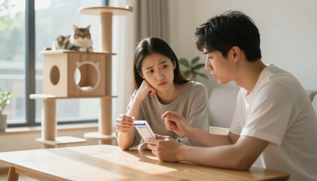 In a bright modern Scandinavian living room with natural light, a concerned cat owner discusses deworming options with a veterinarian holding a tablet package, while a serene cat relaxes on a premium wood cat tree.