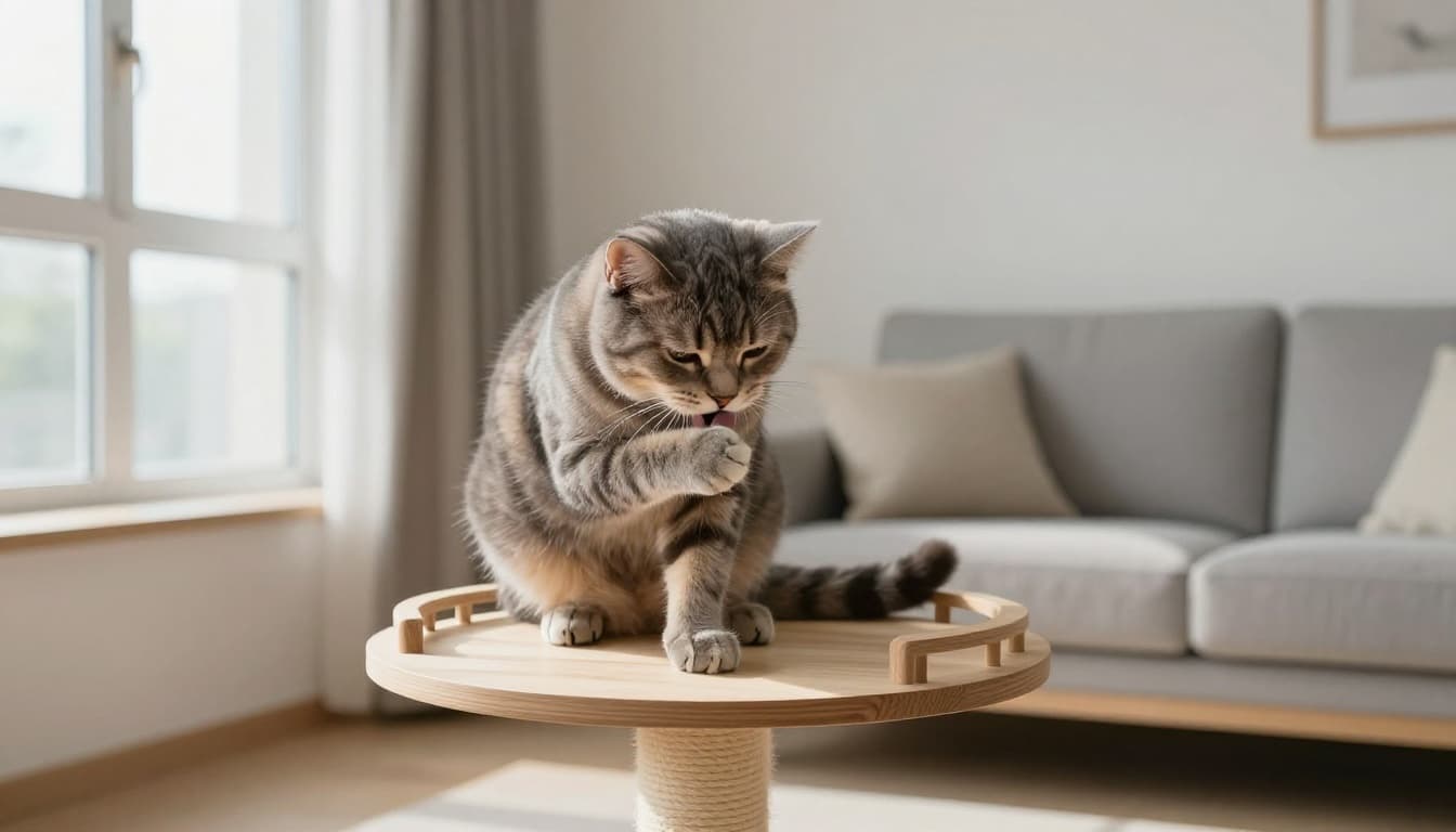 An elegant domestic shorthair cat displays pain with a hunched posture, intently licking its front paw on a premium wooden cat tree in a modern Scandinavian living room with natural light and minimalist decor.