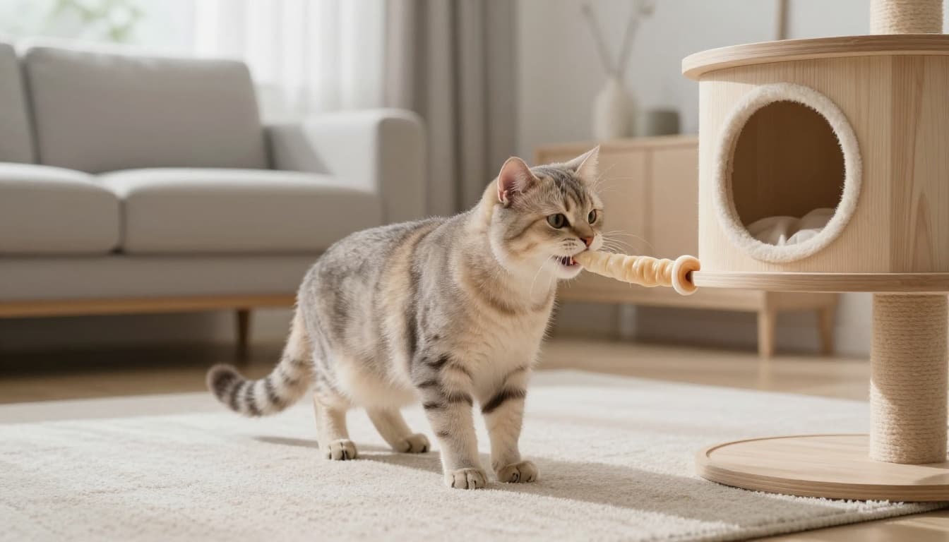 A domestic cat passively regurgitating tube-shaped intact food from its mouth while standing calmly shortly after eating, photographed in a premium lifestyle style within a bright, minimalist Scandinavian living room with light wood elements and soft neutral tones.