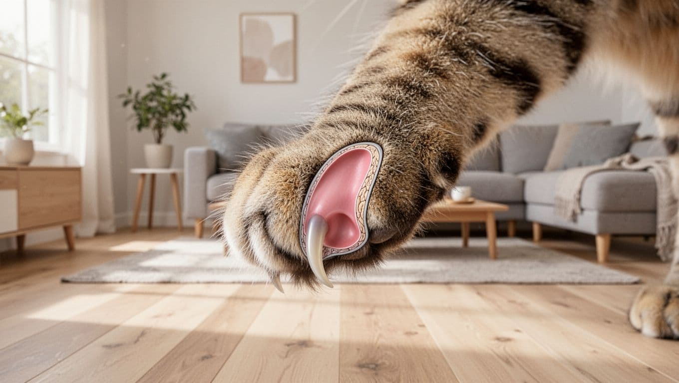 Premium lifestyle close-up of a single cat paw in a bright Scandinavian living room, featuring a detailed cross-section of the claw showing keratin outer layer and sensitive pink quick.