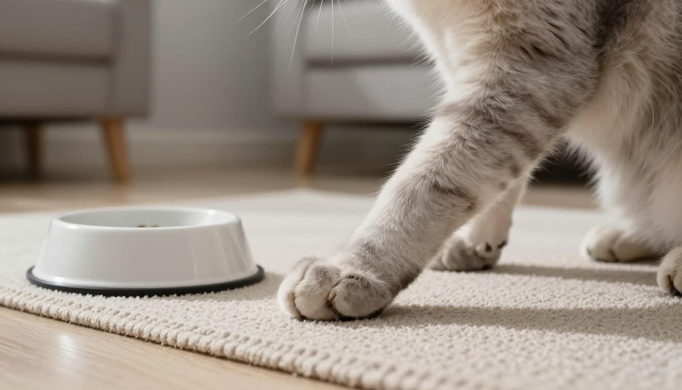 Close-up of a cat's soft paw pads pressing and scratching the floor near a food bowl in an elegant Scandinavian-style living room with neutral tones and natural light.
