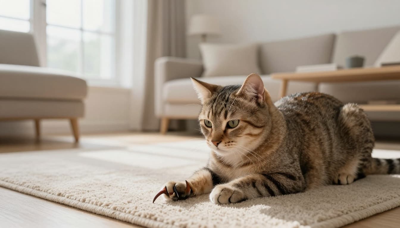 A relaxed cat's front paw with a long curved claw gently snagged on a beige carpet in a bright Scandinavian living room filled with natural light. The cat sits calmly nearby on the floor looking content amid minimalist decor.