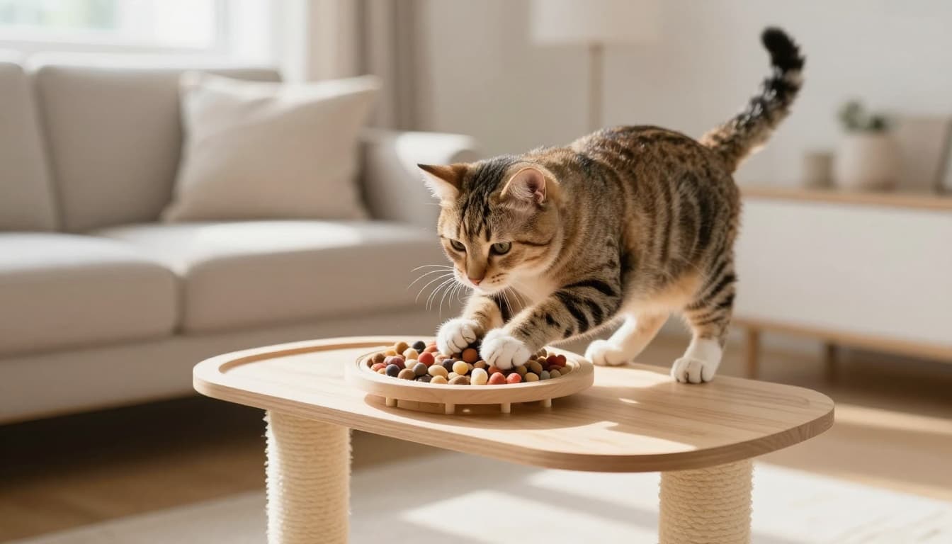 An adult cat plays with a food puzzle toy on a stable light wood platform of a modern cat tree in a cozy Scandinavian apartment living room. The cat paws at the toy eagerly, engaged and alert with bright natural light.