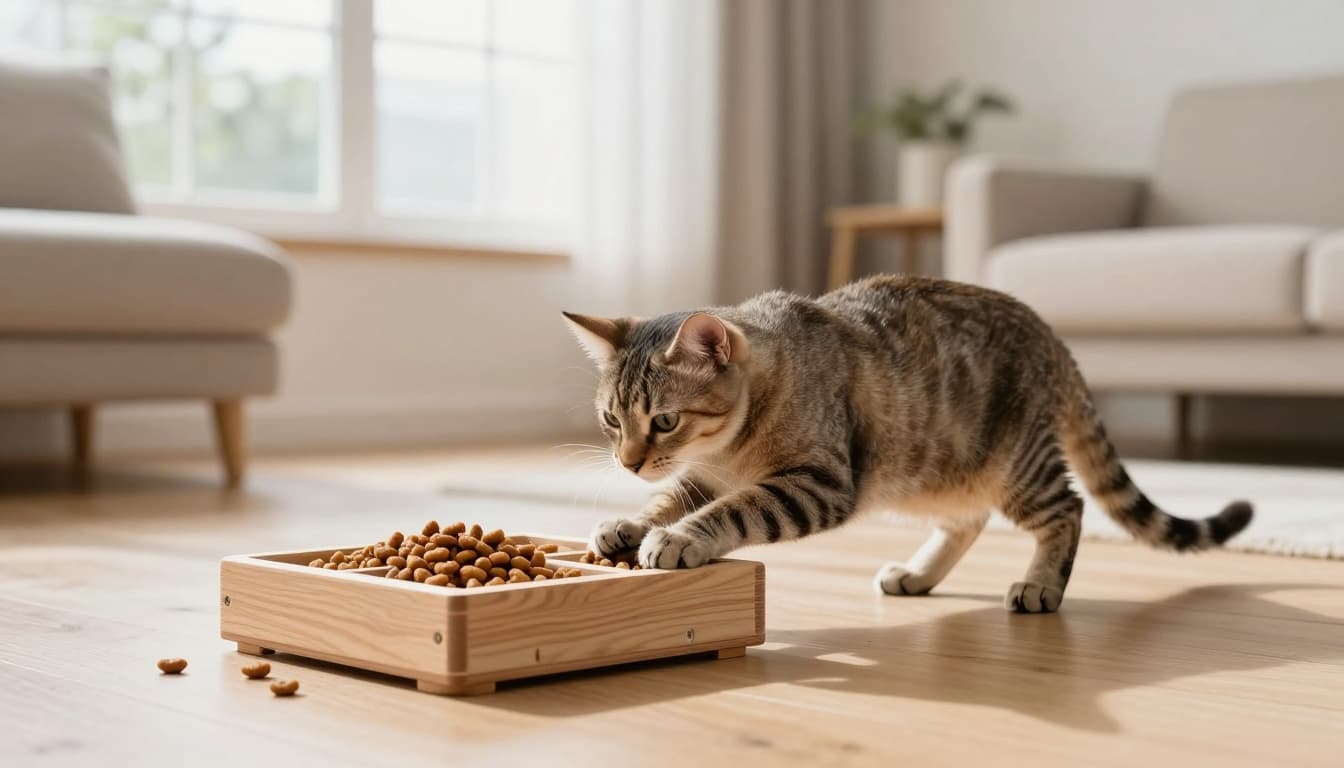A sleek domestic cat playfully interacts with a wooden puzzle feeder toy filled with kibble on a light wooden floor in a bright Scandinavian living room with minimalist decor.