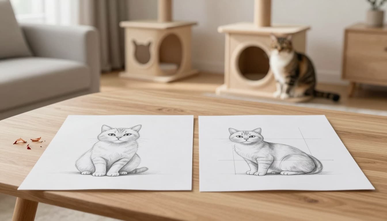 In a minimalist Scandinavian living room, side-by-side pencil sketches on white paper compare a common cat drawing mistake with oversized head to the correct proportions where the body is three times the head length. Blurred background shows a Meowood cat tree with a real cat.