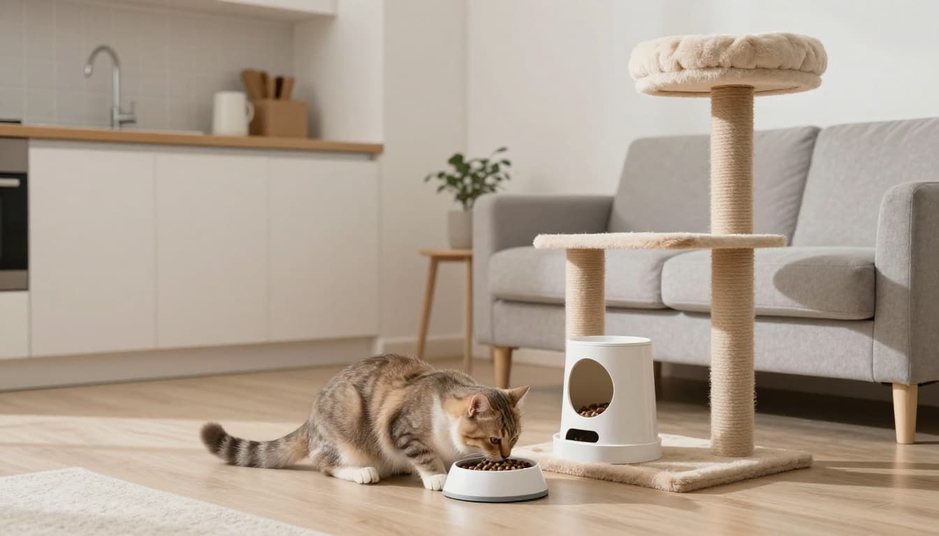 Bright cozy Scandinavian kitchen-living area bathed in natural light with minimalist beige and light wood decor. A content cat eats from an interactive puzzle feeder near a premium Meowood cat tree, promoting controlled feeding to prevent post-sterilization weight gain.