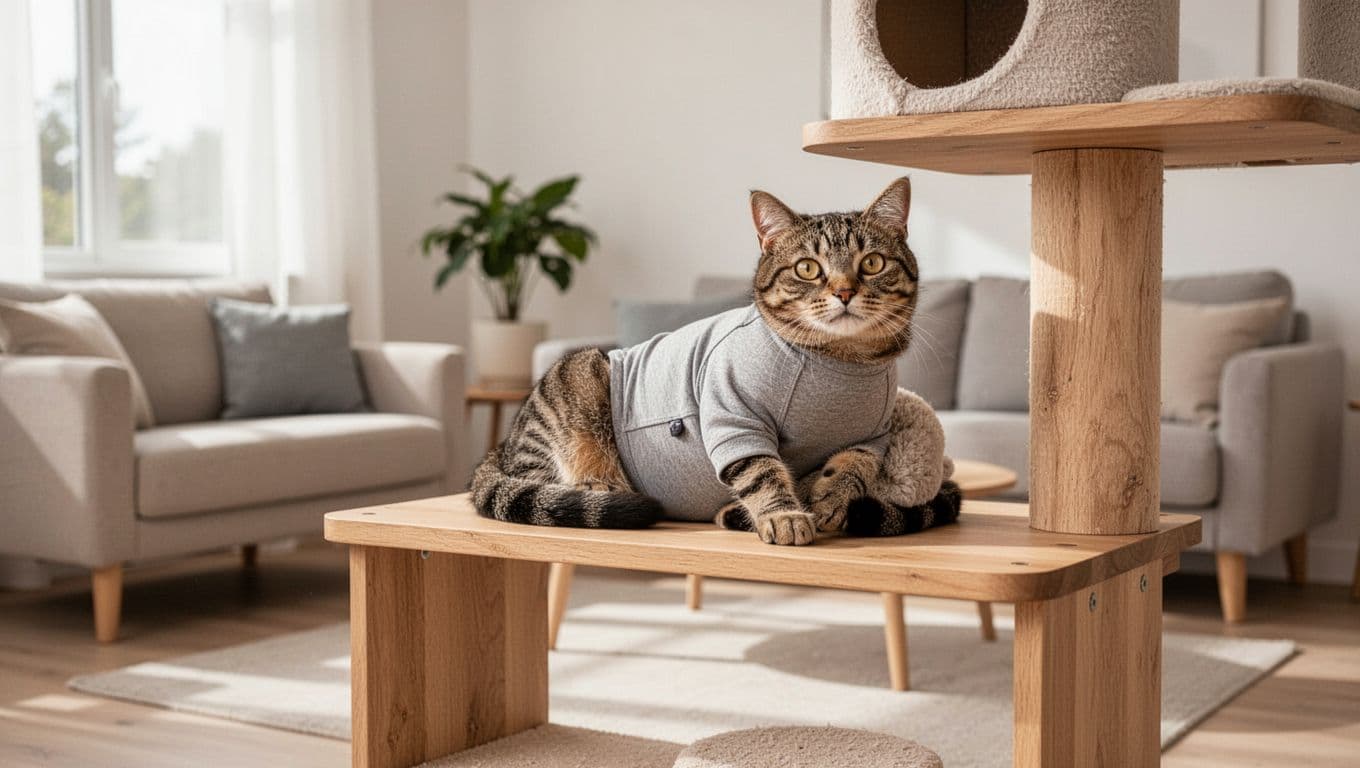 In a cozy modern Scandinavian living room, a domestic shorthair cat wears a soft fabric recovery bodysuit and rests calmly in a grooming pose on a low wooden cat tree shelf.